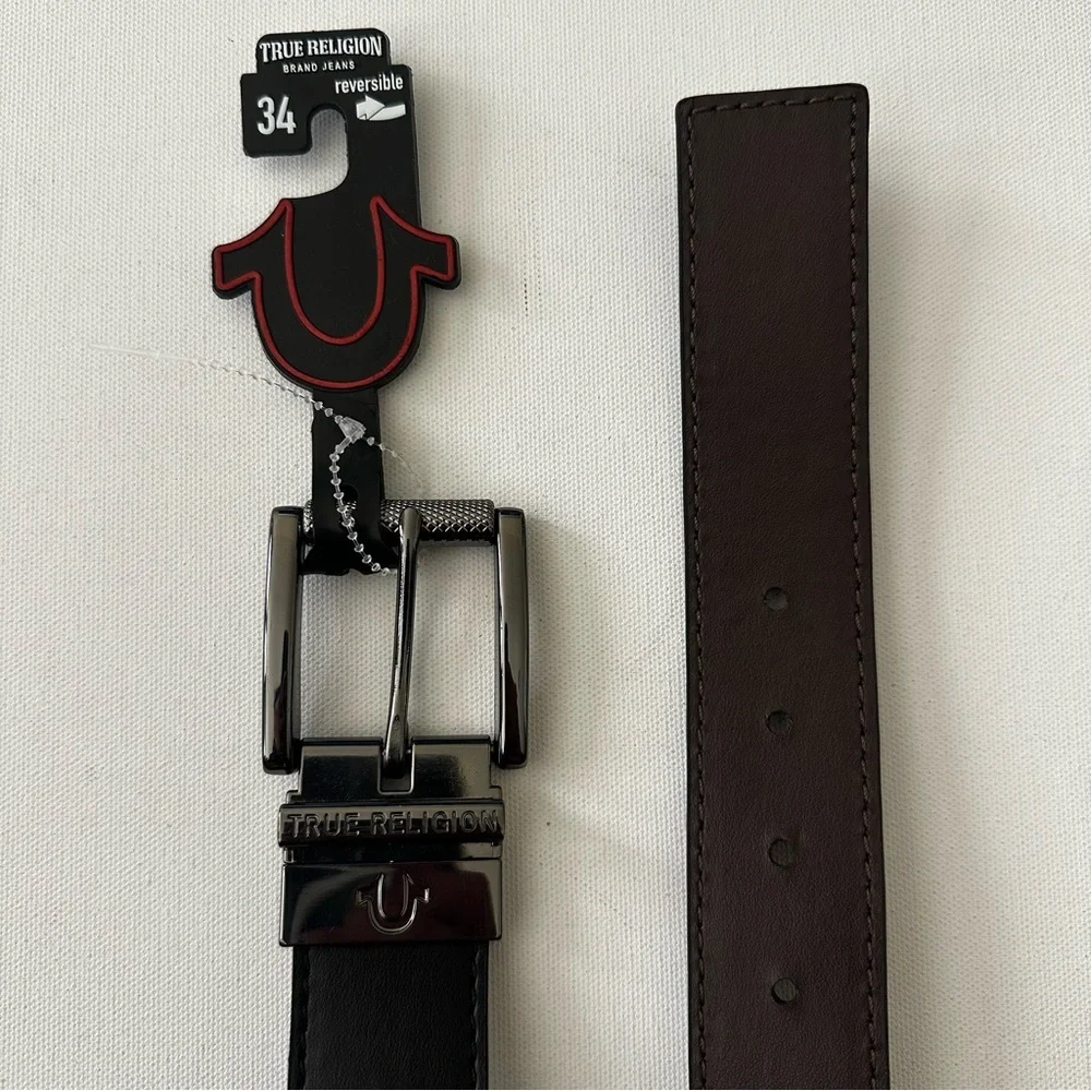 True Religion Black Men’s Reversible Belt with Polished Gunmetal Buckle Size 34